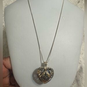 Elegant Silver Heart Pendant Necklace With Gold Leaves